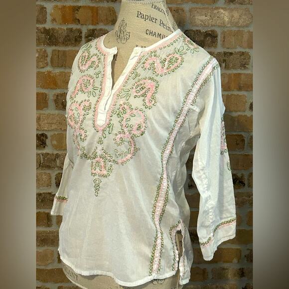 Graham kandiah white pink green beaded tunic cotton blouse top quarter sleeve S - Picture 1 of 10